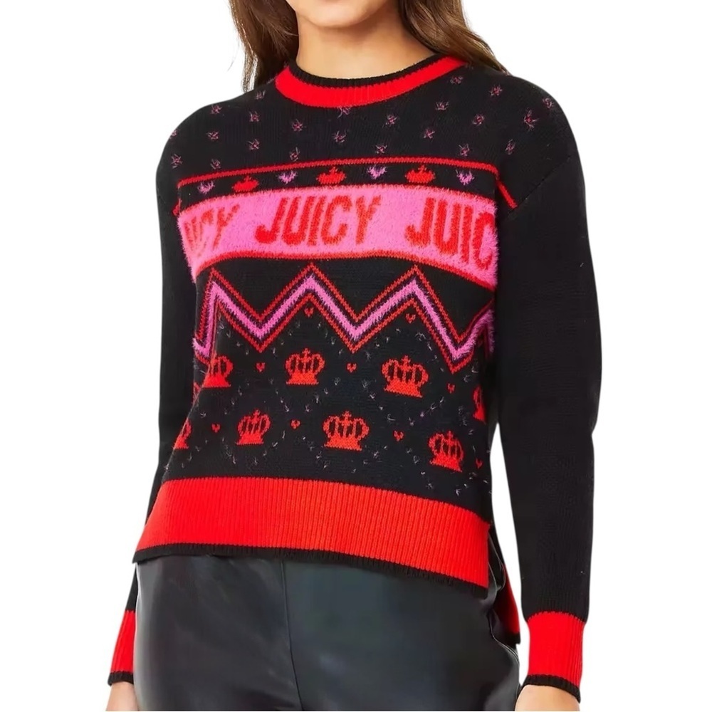 JUICY by Juicy Couture Fair Isle Crown Heart Red Pink Black Sweater Size Small